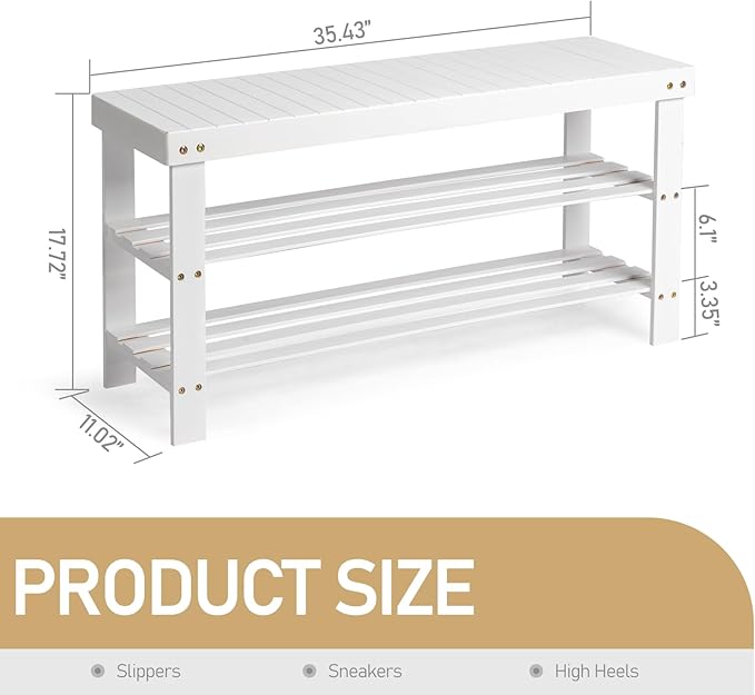 Bamboo Shoe Bench 90cm, 2-Tier White Color Slatted Entryway Bench, Multifunctional Storage Bench for Hallway Living Room