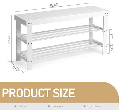 Bamboo Shoe Bench 90cm, 2-Tier White Color Slatted Entryway Bench, Multifunctional Storage Bench for Hallway Living Room