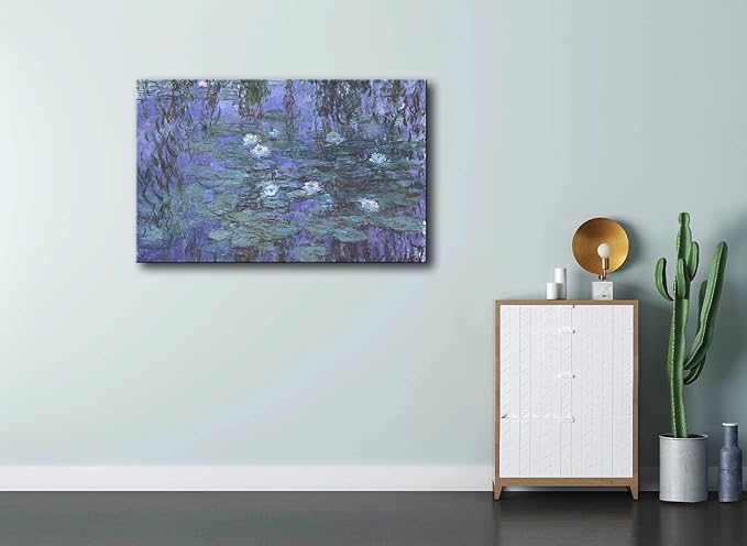 Large Blue Water Lilies by Claude Monet Canvas Wall Art Famous Painting - Classic Artwork Wall Decor Picture Print with Framed for Bedroom Living Room Office -24" x36"