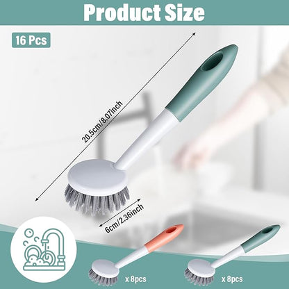 16 Pack Kitchen Scrub Dish Brush with Long Handle Dish Scrubber with Stiff Bristles Scrub Brushes for Housekeeping for Pots and Pans, Kitchen Sink, Multicolor