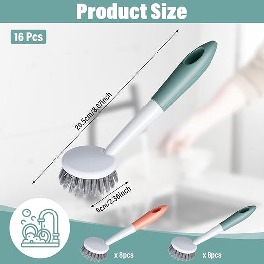 16 Pack Kitchen Scrub Dish Brush with Long Handle Dish Scrubber with Stiff Bristles Scrub Brushes for Housekeeping for Pots and Pans, Kitchen Sink, Multicolor