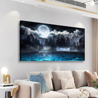Moon Ocean Pictures Canvas Wall Art for Living room Office Bedroom Wall Decor,Ocean Wall Art Print Paintings Modern Mystery Cloud Forest Blue Lake Artwork Waterproof Ready to Hang-28X57 inch