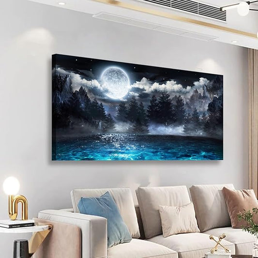 Moon Ocean Pictures Canvas Wall Art for Living room Office Bedroom Wall Decor,Ocean Wall Art Print Paintings Modern Mystery Cloud Forest Blue Lake Artwork Waterproof Ready to Hang-28X57 inch