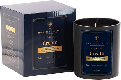 Create Aromatherapy Candle – Vanilla & Coconut Scent with Cinnamon and Rose Quartz Crystals – Hand-Poured Soy Candle for Inspiration, Creativity & Manifestation by Manifest Apothecary- Blue (Create)