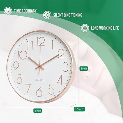 Wall Clock Non-Ticking Silent Modern Simple Style Round Decor Clock Stereoscopic Dial Quartz Wall Clocks for Home/Office/School/Living Room/Bedroom/Kitchen (Rose Gold, 8inch)