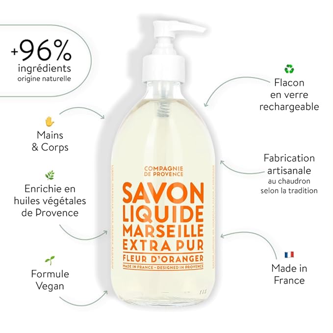 Compagnie de Provence Savon de Marseille Extra Pure Liquid Soap - Orange Blossom - 16.7 Fl Oz Glass Pump Bottle