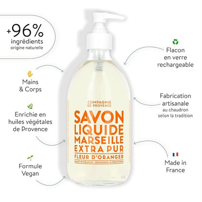Compagnie de Provence Savon de Marseille Extra Pure Liquid Soap - Orange Blossom - 16.7 Fl Oz Glass Pump Bottle