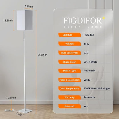 Floor Lamp for Living Room, Modern Standing Lamp Tall Lamp with Linen Shade, Simple Design Floor Lamp for Bedroom, Office, Kids Room, Reading, Working, White