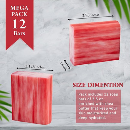 Melon Strawberry Scented Natural Soap Bars (12 Bars), 3.5oz Moisturizing French Triple Milled Soap Bars Enriched with Shea Butter - Pure Plant Oil Bath & Body Soaps