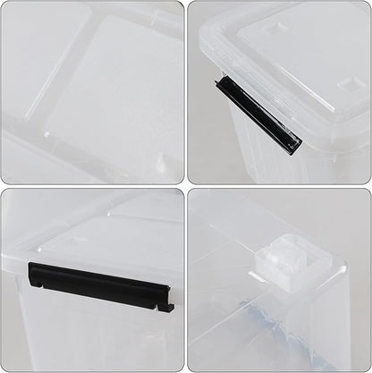 Zopnny 30 Quart Plastic Stacker Box, Large Storage Bin Container with Latching Lids and Wheels for Home and Garage Organizing, Shoes, Tools, Clear Base, 4-Pack