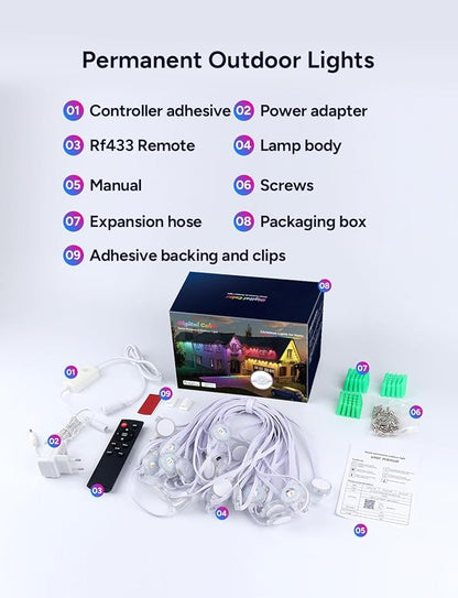 Permanent Outdoor Lights, 50ft with 30 RGB LED Lights for Daily and Accent Lighting, 49 Scene Modes+DIY for Outdoor Decor, IP66 Waterproof, Compatible with Alexa, Google Assistant