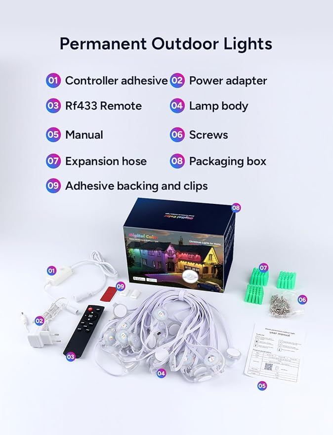 Permanent Outdoor Lights, 100ft with 60 RGB LED Lights for Daily and Christmas, Halloween, 49 Scene Modes+DIY for Outdoor Decor, IP66 Waterproof, Compatible with Alexa, Google Assistant