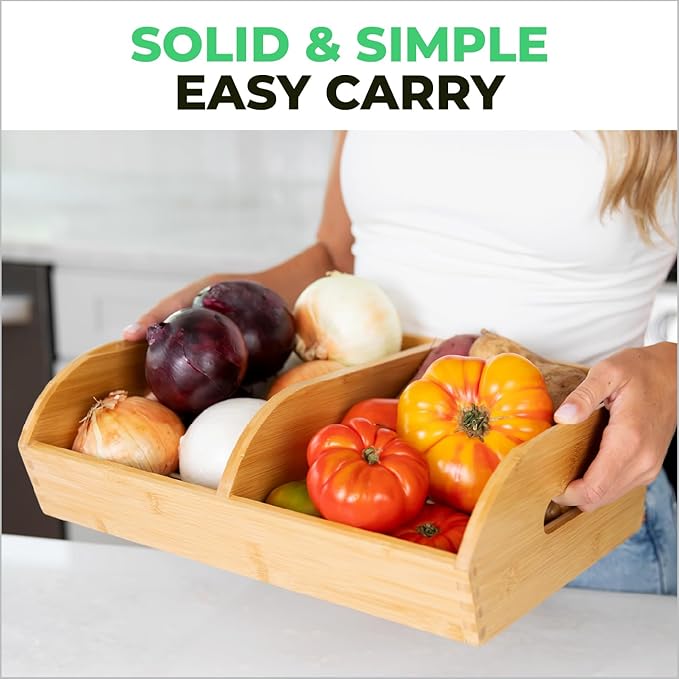 Potato and Onion Storage Bin for Pantry and Kitchen Counter - Ventilated Stackable Bamboo Organizer Baskets with Handles - Multipurpose Organization Containers for Fruit, Vegetable, Pantry - 3 Pack