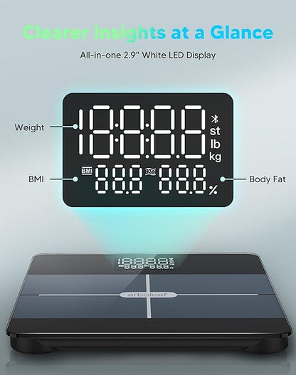 arboleaf Smart Scale for Body Weight, Body Fat Scale with BMI Muscle Mass, 3-in-1 LED Display, Bluetooth Accurate Weight Machine, Tracks 14 Body Metrics via App, Sturdy Tempered Glass, 400lb