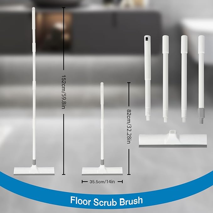 Floor Scrub Brush with 60-Inch Handle Length Adjustable, 2-in-1 Push Broom with Squeegee, Floor Scrubber Broom Stiff Bristles for Cleaning Bathroom, Kitchen, Tile, Deck, Patio, Garage