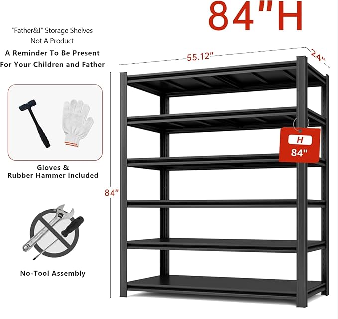 Extra Big/Large 55.12"Wide Father&I Industrial 6-Shelf-Rack Tall Heavy-Dudy Metal/Steel Adjustable Garage Bin Storage Shelving Stand Shelves Units/System for Shed, 84" H*55.12W * 24" D, Black