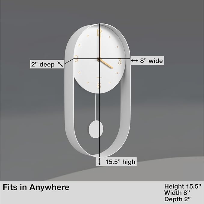 Driini Modern Pendulum Wall Clock - Decorative and Unique Metal Frame, with 8 Inch Face - Contemporary, Minimalist Design, with Silent Non Ticking Operation - Includes Both White and Gold Pendelum