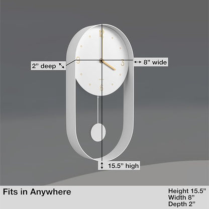 Driini Modern Pendulum Wall Clock - Decorative and Unique Metal Frame, with 8 Inch Face - Contemporary, Minimalist Design, with Silent Non Ticking Operation - Includes Both White and Gold Pendelum