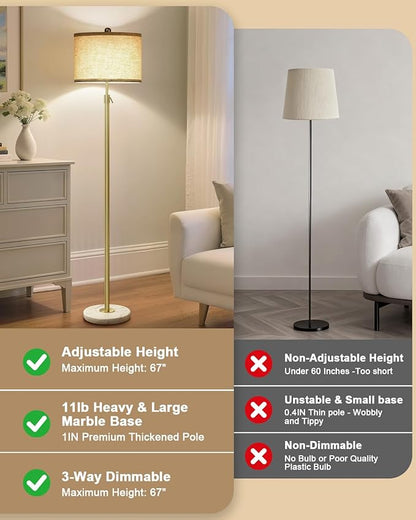 Modern Floor Lamp for Living Room - Adjustable Height Standing Lamp with Marble Base & Linen Shade, 3-Way Dimmable Tall Floor Light for Bedroom, Reading, Bulb Included