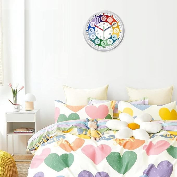 XFM Learning Clock for Kids 8 Inch Silent Wall Clocks Battery Operated Colorful Teaching Time Clock Small Analog Clock for Kids Room Classroom School Playroom