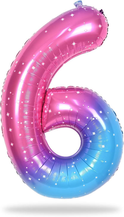 Gradient Blue Pink Number Balloons, 40" Large Rainbow Number 6 Foil Mylar Helium Balloons for Girls Women, Colorful Starry Self Inflating Number Balloons 0-9 for Birthday Party Celebration Decoration
