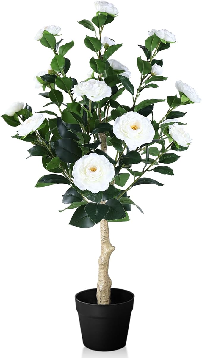 3FT Artificial Camellia Tree, 1 Pcs Fake Camellia Tree Artificial Tree, Faux Floral Plants in Cement Pot, Greenery Potted Plant for Indoor Outdoor Home Office Porch Decor (White)