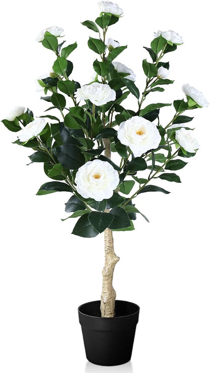 3FT Artificial Camellia Tree, 1 Pcs Fake Camellia Tree Artificial Tree, Faux Floral Plants in Cement Pot, Greenery Potted Plant for Indoor Outdoor Home Office Porch Decor (White)