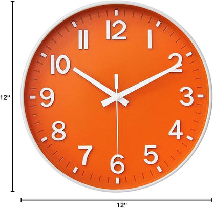 HZDHCLH Wall Clocks Battery Operated,Wall Clock Orange,12 inch Wall Clock Silent Non Ticking Modern 3D Numbers for Kitchen Bedroom Living Room Office Classroom Decor