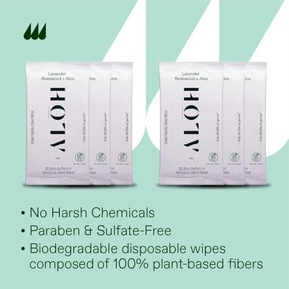 ALŌH Lavender Rosewood + Aloe Sanitizing Hand Wipes - Clean Hands, Clear Mind - On The Go Hand Sanitizer Wipes for Kids and Adults - Travel Size 6 Pack, 20ct (120 wipe)