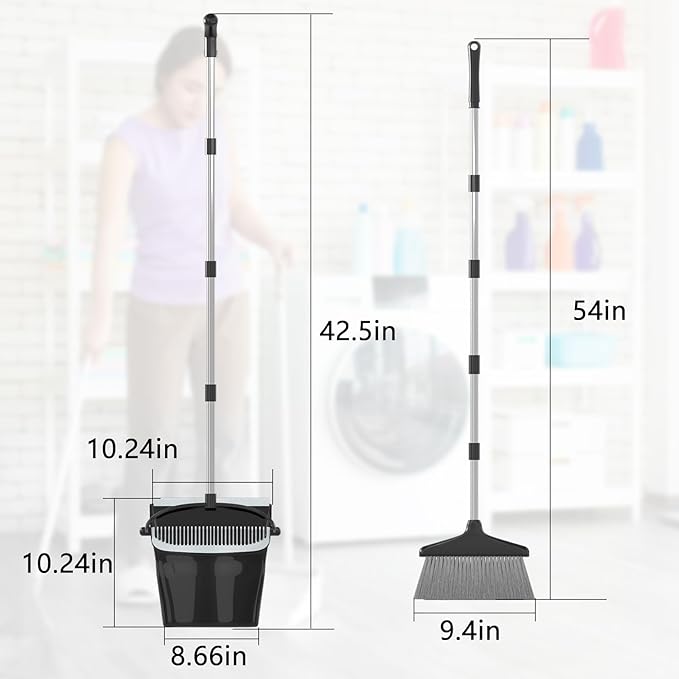 Broom with Dustpan Combo Set (54”) Long Handle Household Dust Pan for Home Office Kitchen Cleaning （Black & Grey）