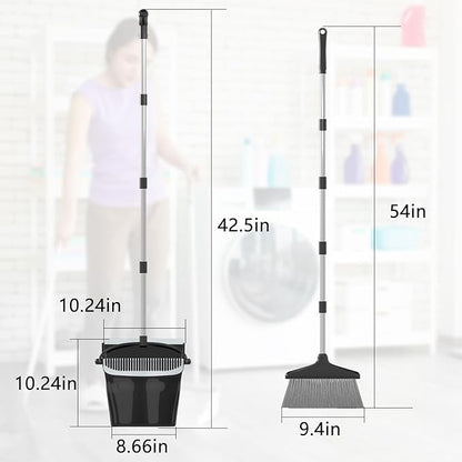 Broom with Dustpan Combo Set (54”) Long Handle Household Dust Pan for Home Office Kitchen Cleaning （Black & Grey）
