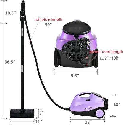 COSTWAY 2000W Multipurpose Steam Cleaner with 19 Accessories, Household Steamer w/ 1.5L Tank for Cleaning, Heavy Duty Rolling Cleaning Machine for Carpet, Floors, Windows and Cars (Purple)