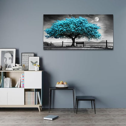 KELIYUAN Blue Tree Of Life Canvas Painting Living Room Office Bedroom Bathroom Wall Decoration Black And White Wall Art Print Modern Natural Tree Art Waterproof Can Be Directly Hung 20x40 In