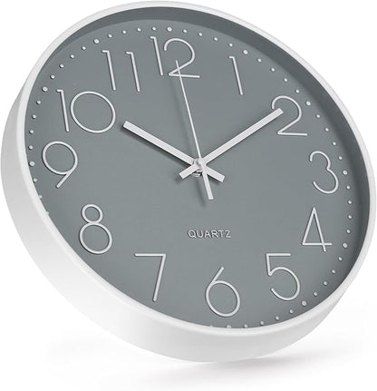 Wall Clock 10 Inch Non-Ticking Silent Modern Simple Style Round Decor Clock Gray Stereoscopic Dial Quartz Wall Clocks for Home/Office/School/Living Room/Bedroom/Kitchen