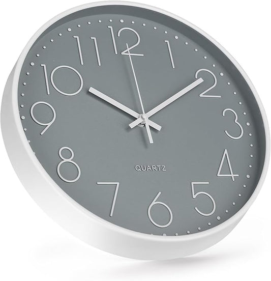 Wall Clock 10 Inch Non-Ticking Silent Modern Simple Style Round Decor Clock Gray Stereoscopic Dial Quartz Wall Clocks for Home/Office/School/Living Room/Bedroom/Kitchen
