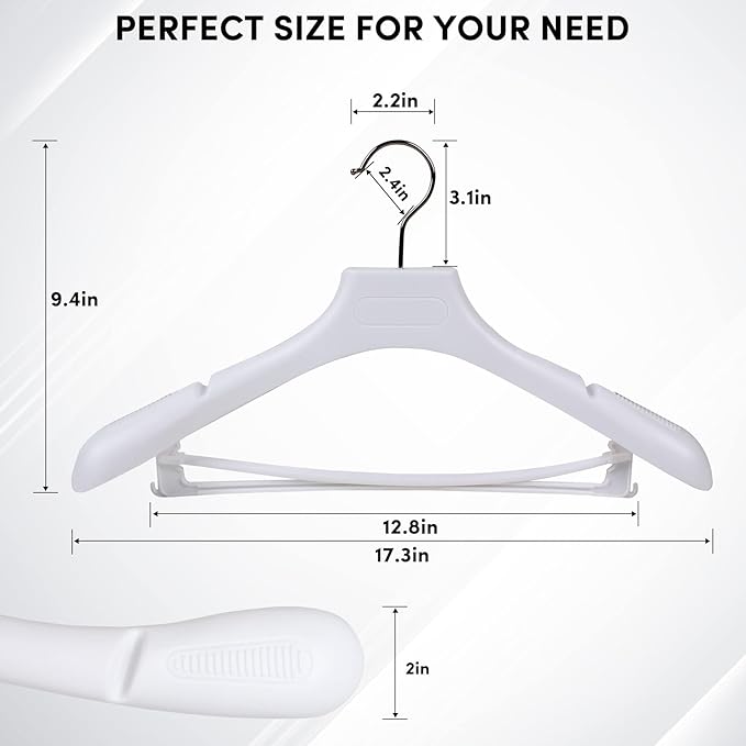 DEDU Suit Hangers for Men 20 Pack Width 17.3", White Coat Hangers no Shoulder Bump Non Slip for Thick Sweaters, Plastic Extra Wide Shoulder with Pants Bar & Metal Hook