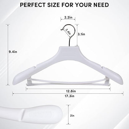 DEDU Suit Hangers for Men 20 Pack Width 17.3", White Coat Hangers no Shoulder Bump Non Slip for Thick Sweaters, Plastic Extra Wide Shoulder with Pants Bar & Metal Hook