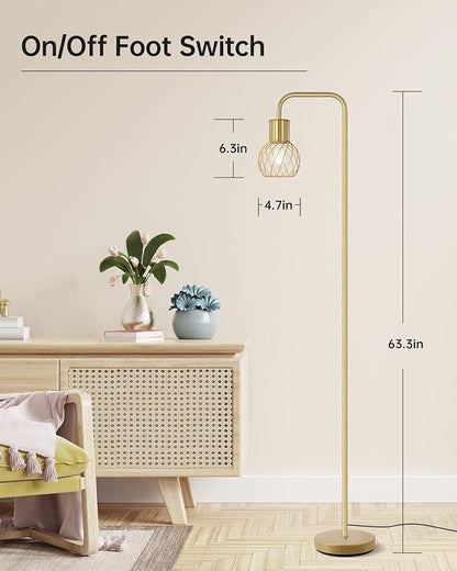 Brass Gold Standing Floor Lamp for Living Room - Modern Industrial Design with 6W LED Bulb, Foot Switch, Metal Tall Stand, Minimalist Farmhouse Boho Style for Bedroom & Office