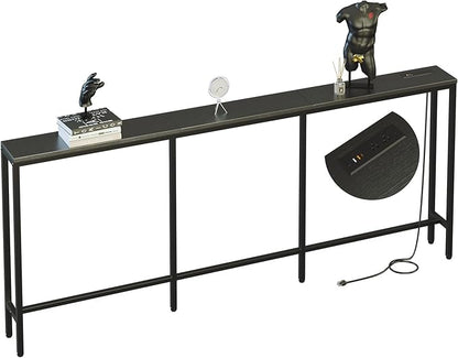 78.7" Behind Couch Table with Fast Charging Station, 7.1" Narrow Skinny Sofa Table with 2 Power Outlets, 2 USB-A, USB-C for Console Entryway, Black