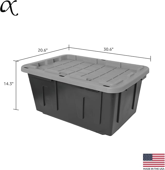 CX BLACK & YELLOW, 27-Gallon Heavy Duty Tough Storage Container & Snap-Tight Lid, Black and Grey, (14.3H x 20.6W x 30.6D), Weather-Resistant Design and Stackable Organization Tote [4 Pack]