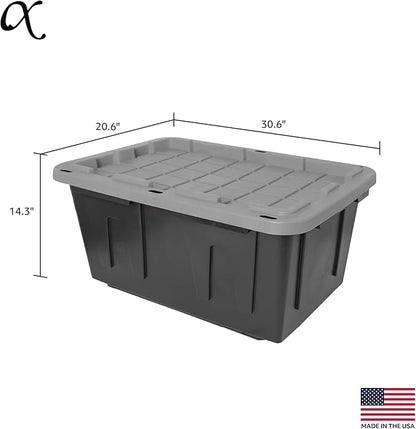 CX BLACK & YELLOW, 27-Gallon Heavy Duty Tough Storage Container & Snap-Tight Lid, Black and Grey, (14.3H x 20.6W x 30.6D), Weather-Resistant Design and Stackable Organization Tote [4 Pack]