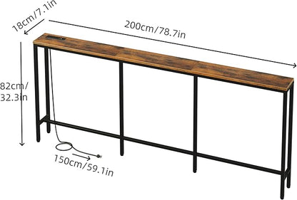 78.7" Behind Couch Table with Fast Charging Station, 7.1" Narrow Skinny Sofa Table with 2 Power Outlets, 2 USB-A, USB-C for Console Entryway, Rustic Brown
