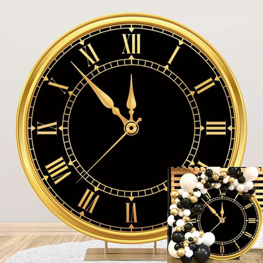 Polyester 6.5x6.5ft 2026 Happy New Year Round Backdrop Cover Luxury Black and Gold Clock Photography Background for New Year Eve Party New Year's Countdown Kids Adults Family Portrait Props