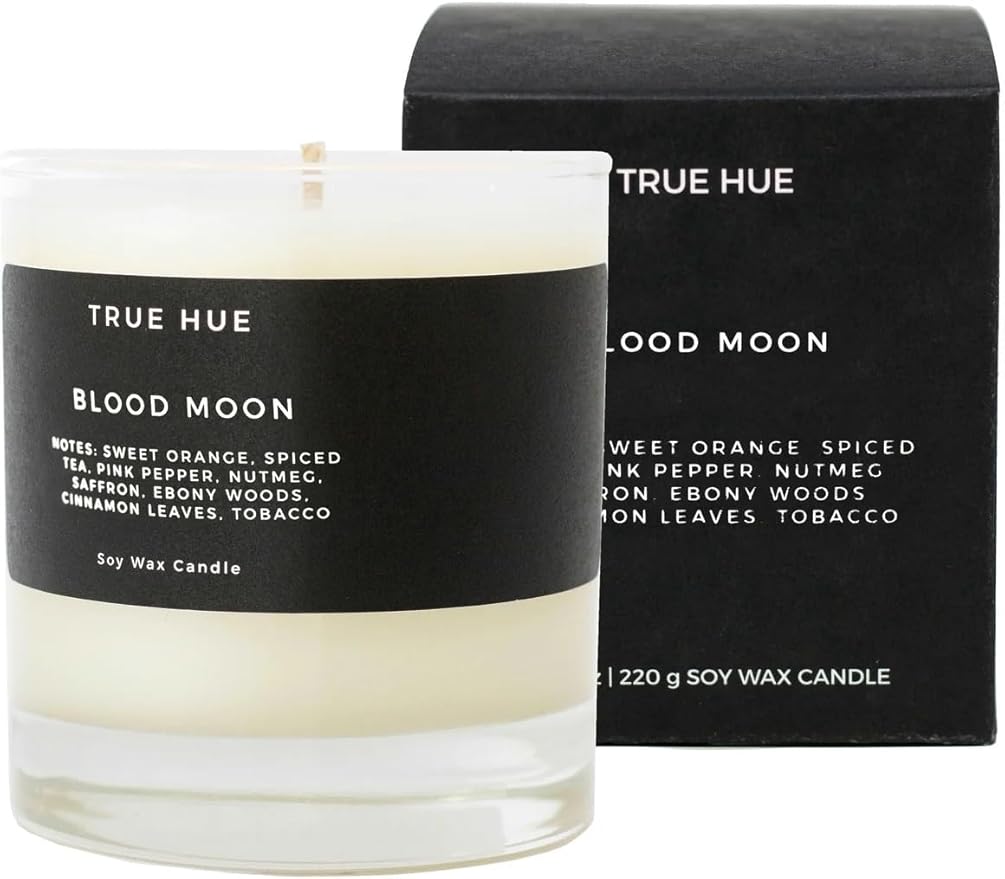 True Hue | Luxury Highly Scented Candle | Premium Soy Wax Blend | 7.75 oz | 40-50 Hour Burn Time | Cotton Wick | Natural Candles | Glass (Blood Moon)