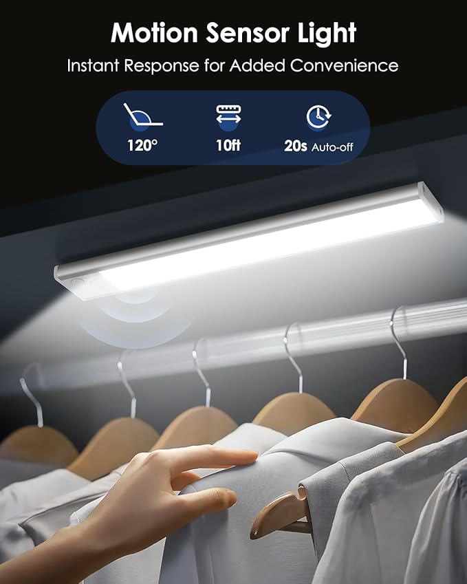 2-Pack Under Cabinet Lighting, Upgraded 3200mAh Rechargeable Under Cabinet Lights Wireless, LED Motion Sensor Light Indoor Closet Lights Under-counter Light Fixtures for Kitchen, Hallway, Pantry, 14in