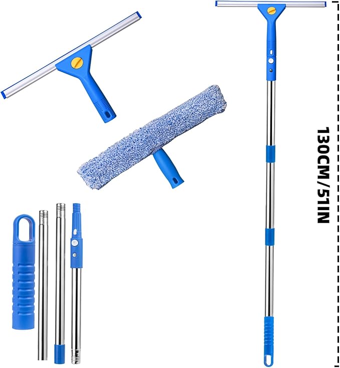 Professional Window Cleaning kit, 2-in-1 Window Squeegee with 51" Extension Poles, Suitable for Indoor & Outdoor Windows, High Glass, High Windows, Multi-Purpose Car Windshield Cleaning