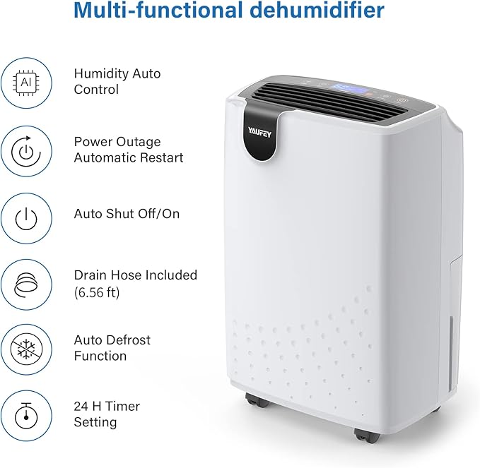 Yaufey 2500 Sq. Ft Home Dehumidifier for Medium to Large Rooms and Basements with Auto or Manual Drainage, 0.48 Gallon Water Tank Capacity - Low Noise and 24 Hr Timer