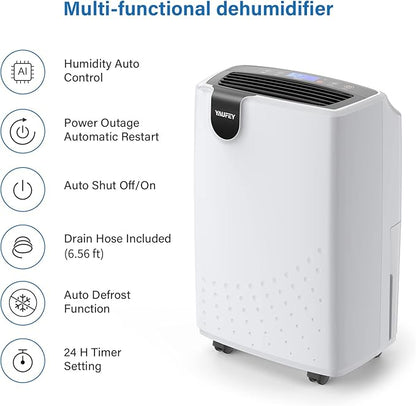 Yaufey 2500 Sq. Ft Home Dehumidifier for Medium to Large Rooms and Basements with Auto or Manual Drainage, 0.48 Gallon Water Tank Capacity - Low Noise and 24 Hr Timer