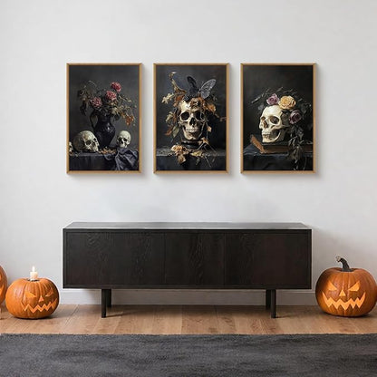 Large Vintage Skull Halloween Floral Framed Canvas Wall Art Set, Abstract Skeleton Butterfly Wall Decor,Moody Dark Rose Artwork for Living Room,Bedroom,Dining Room,Office -16"x24"x3