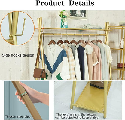 Clothes rack Gold, Freestanding Industrial Garment Rack with Double shelves Multi-functional Bedroom Hanging Clothing Rack,Heavy Duty Movable Coat Rack for Organizing Clothes and Shoes (59'' L)